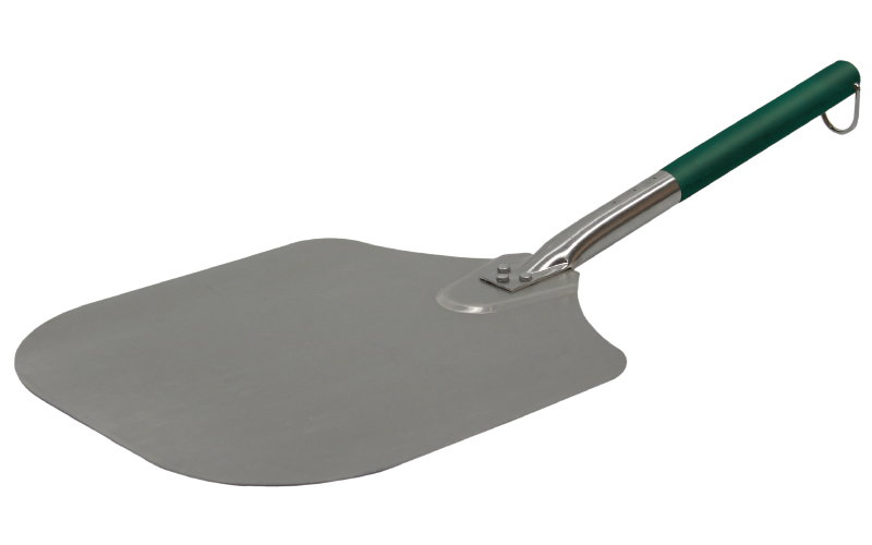 De Big Green Egg Pizza Peel heeft een groot rechthoekig aluminium blad met afgeronde hoeken. Aan het blad zit een handvat dat met 3 schroeven is bevestigd. Het onderste gedeelte van het handvat is roestvrijstaalen de bovenste helft is van kunststof in de kleur groen. Aan het einde van het handvat zit een lus waar de pizzaschep mee opgehangen kan worden.