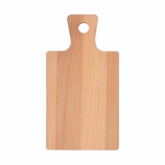 Rechthoekige amuseplank van beukenhout met handvat. In het handvat zit een rond oog waar de plank aan opgehangen kan worden. De plank is van bovenaf gefotografeerd tegen een witte achtergrond.