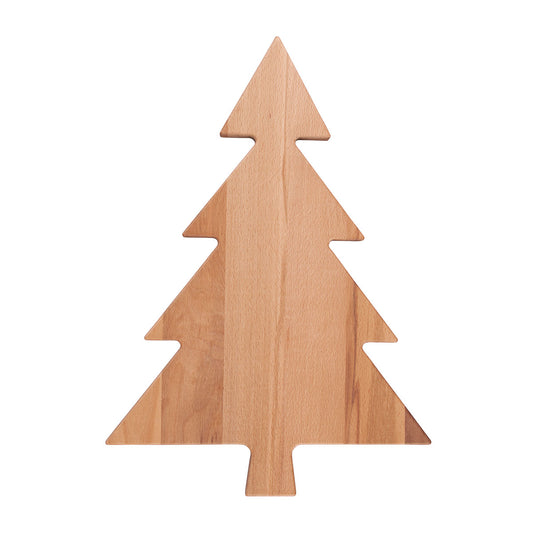 Beukenhouten serveerplank van 45 cm in de vorm van een kerstboom. De plank is van bovenaf gefotografeerd tegen een witte achtergrond.
