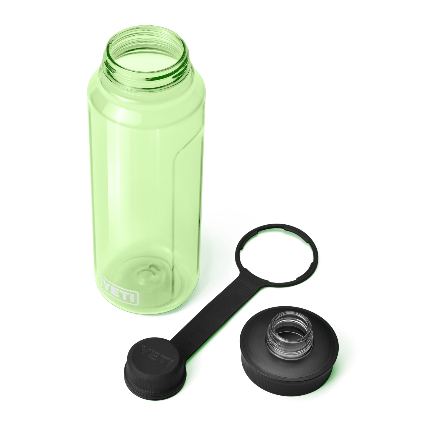 Bovenkant Yeti Yonder waterfles van 1 liter met Yonder vaste dop in de kleur Key Lime met de onderdelen van de dop liggend naast de fles.