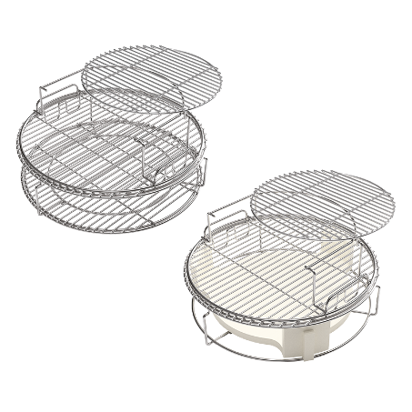 Dezelfde 5-delige Eggspander Kit twee maal afgebeeld. Links de Eggspander Kit met alle toebehoren en rechts de Kit met in de Conveggtor Basket de Conveggtor geplaatst, voor een totaalbeeld.