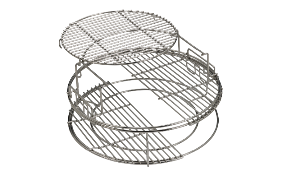 De Big Green Egg 5-delige Eggspander Kit voor de Big Green Egg Large, gemaakt van RVS. De set bestaat uit een tweedelig Multi-Level Rack, een Conveggtor Basket en 2 halve RVS roosters.