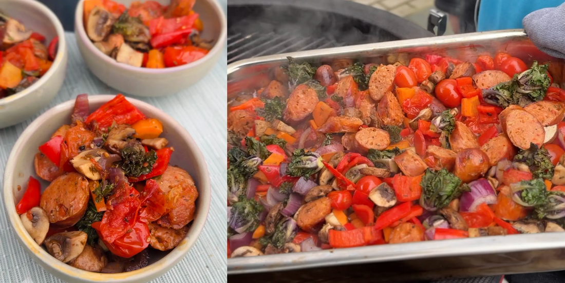 Traybake met Texaanse worst & geroosterde herfstgroenten