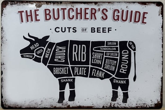 BBQ Wanddecoratiebord "Butchers Guide Koe" 30x20cm