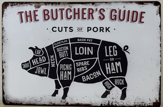 BBQ Wanddecoratiebord "Butchers Guide Varken" 30x20cm