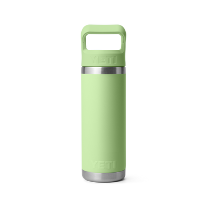 Achterkant Yeti Rambler drinkfles met bijpassende rietjesdop van 769 mlin de kleur key lime met gesloten rietjesdop.