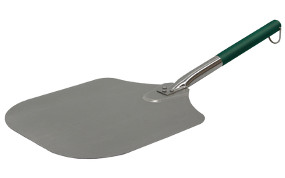De Big Green Egg Pizza Peel heeft een groot rechthoekig aluminium blad met afgeronde hoeken. Aan het blad zit een handvat dat met 3 schroeven is bevestigd. Het onderste gedeelte van het handvat is roestvrijstaalen de bovenste helft is van kunststof in de kleur groen. Aan het einde van het handvat zit een lus waar de pizzaschep mee opgehangen kan worden.
