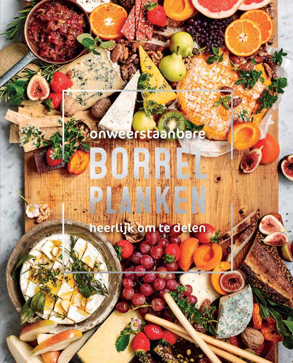 De voorkaft van het kookboek Borrelplanken. Te zien is een mooie sfeerimpressie met een robuuste houten serveerplank die aan de linker en rechterkant rijkelijk gevuld is met gevarieerde mix aan borrelhapjes. Ter hoogte van het midden van de serveerplank staat de tekst 'Onweerstaanbare borrelplanken, heerlijk om te delen'.