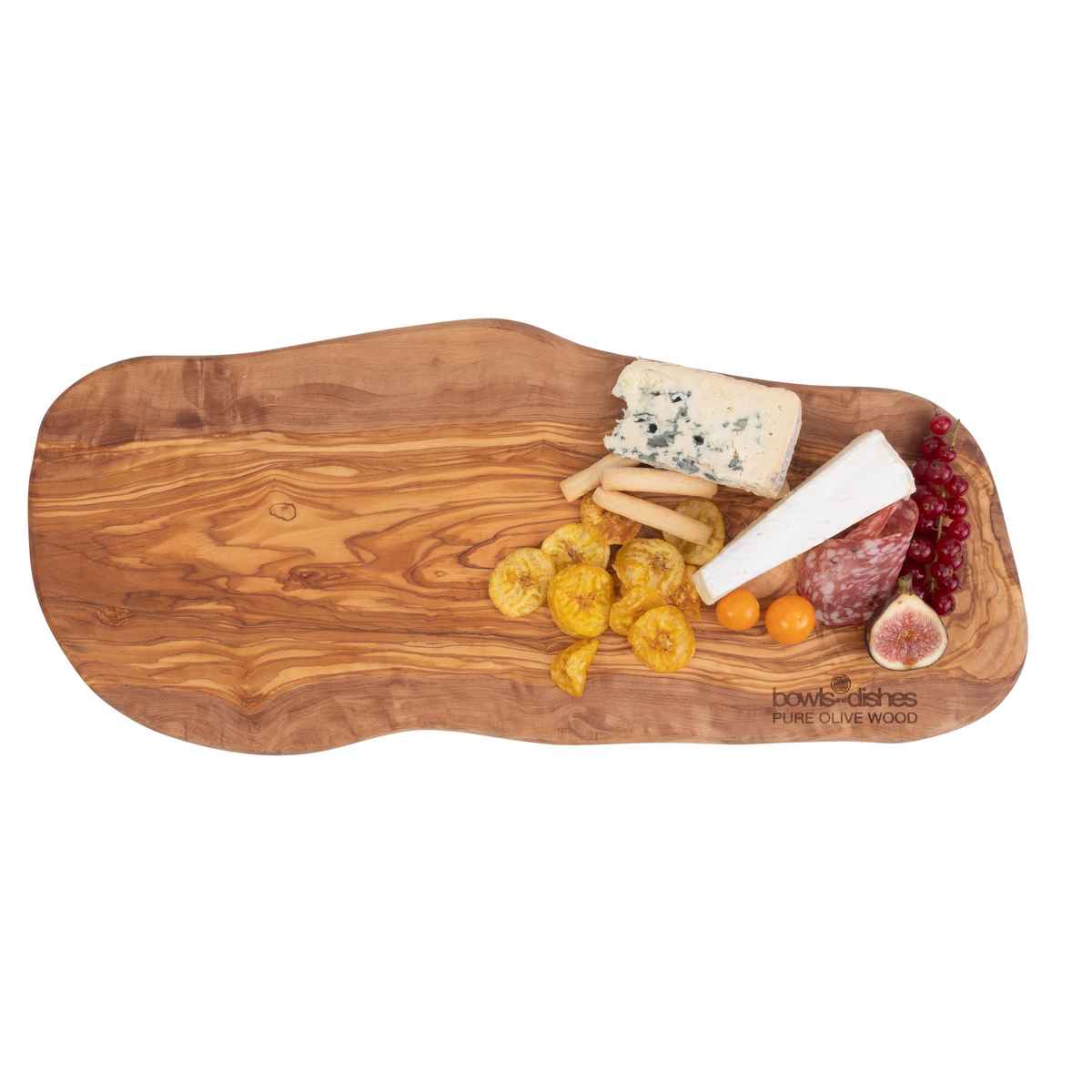 Voorbeeld 1 van de olijfhouten borrelplank, van bovenaf gezien, met een lengte tussen de 50 en 55 cm, van het merk Bowls & Dishes, uit de serie Pure Olive Wood. Rechts op de plank liggen borrelhapjes.