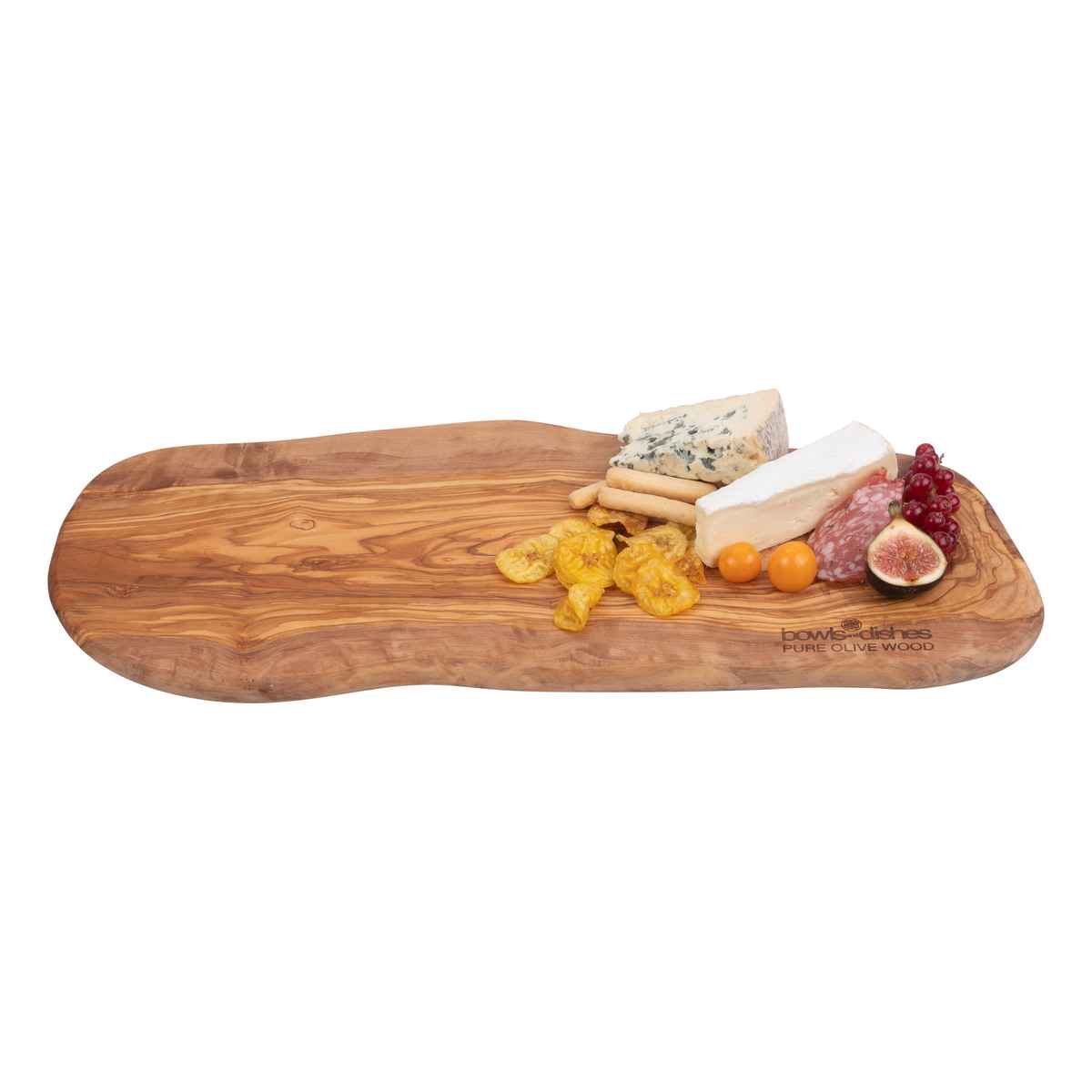 Voorbeeld 2 van de olijfhouten borrelplank, schuin van de zijkant af gezien, met een lengte tussen de 50 en 55 cm, van het merk Bowls & Dishes, uit de serie Pure Olive Wood. Rechts op de plank liggen borrelhapjes.