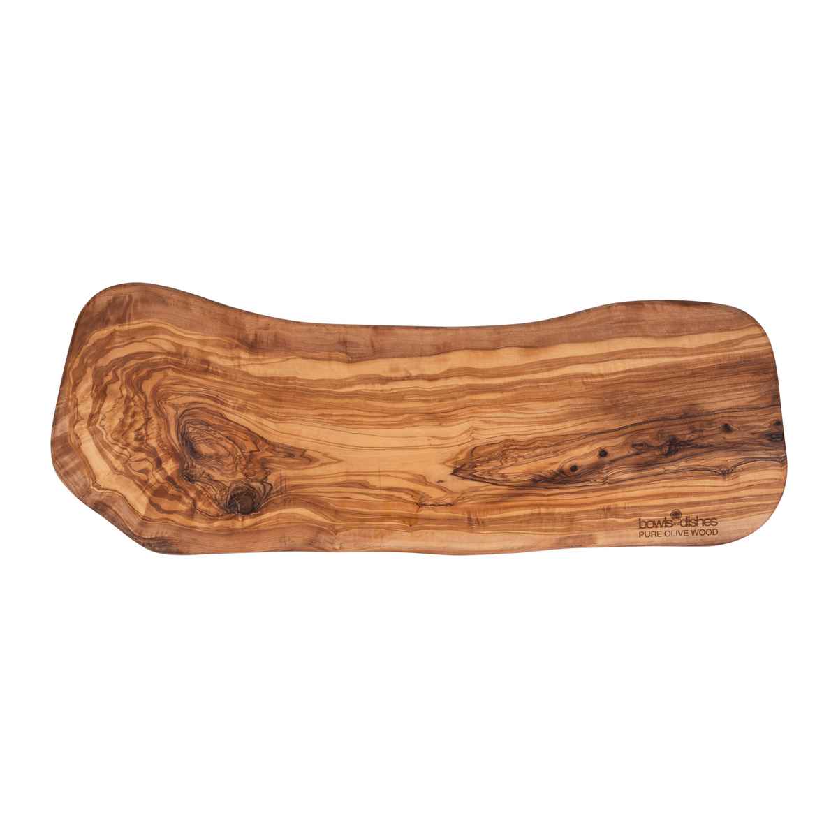 De olijfhouten borrelplank van bovenaf gezien. Het hout heeft een mooie natuurlijke tekening en vorm.