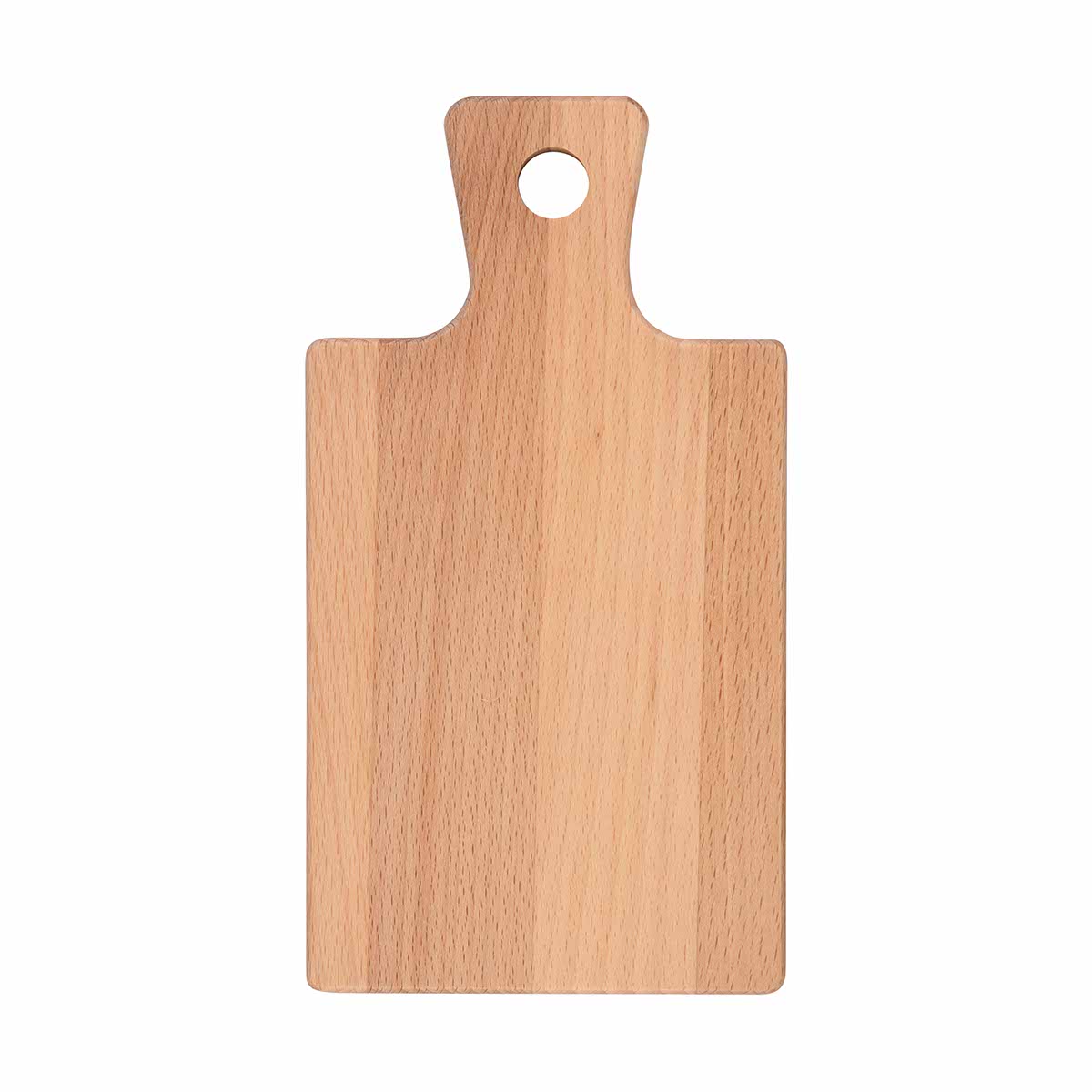 Rechthoekige amuseplank van beukenhout met handvat. In het handvat zit een rond oog waar de plank aan opgehangen kan worden. De plank is van bovenaf gefotografeerd tegen een witte achtergrond.