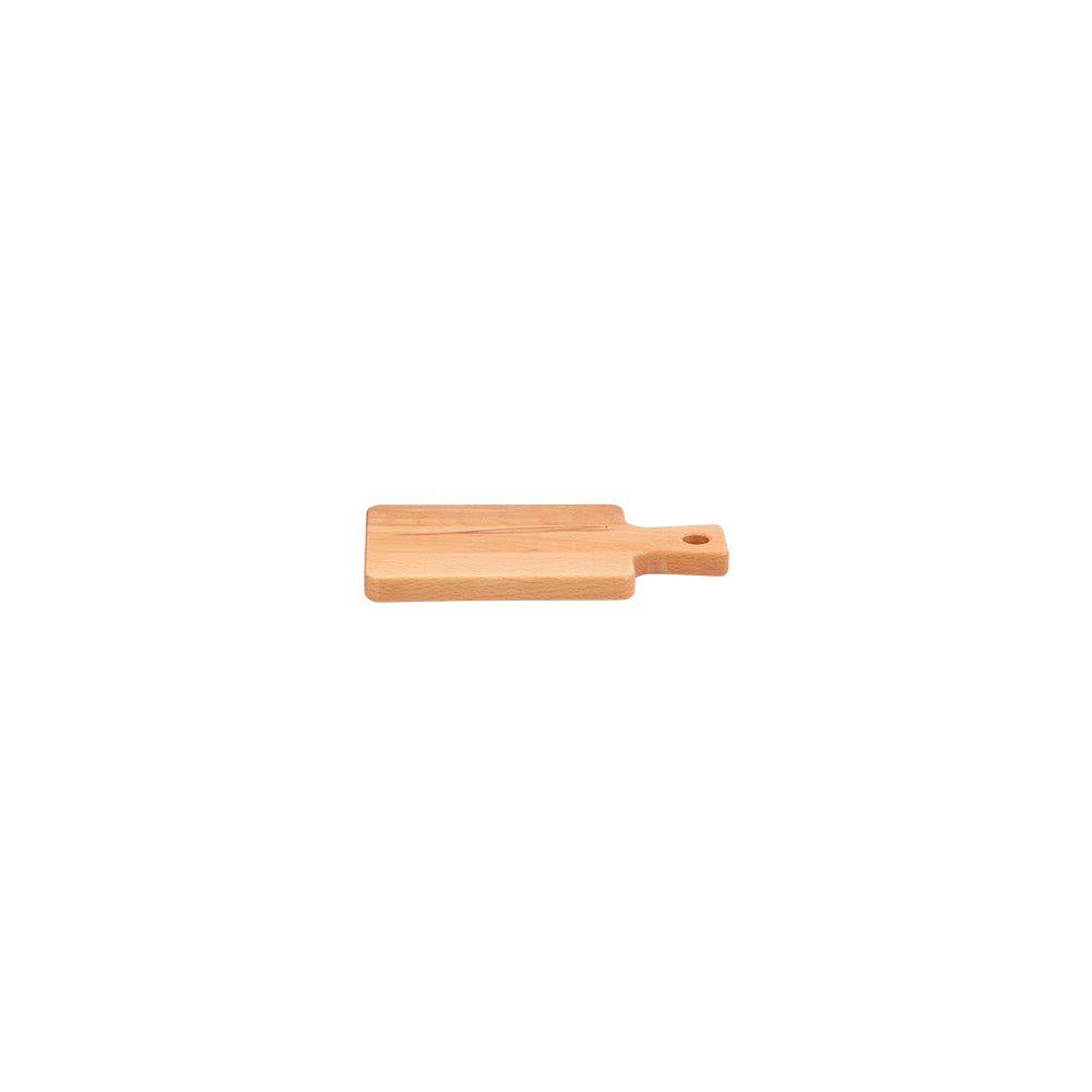 Dezelfde rechthoekige amuseplank van beukenhout met handvat. De plank is van de zijkant gefotografeerd tegen een witte achtergrond.