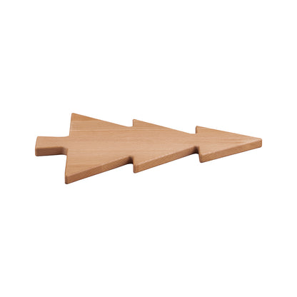 Beukenhouten serveerplank van 35 cm in de vorm van een kerstboom. De plank is van de zijkant gefotografeerd tegen een witte achtergrond.