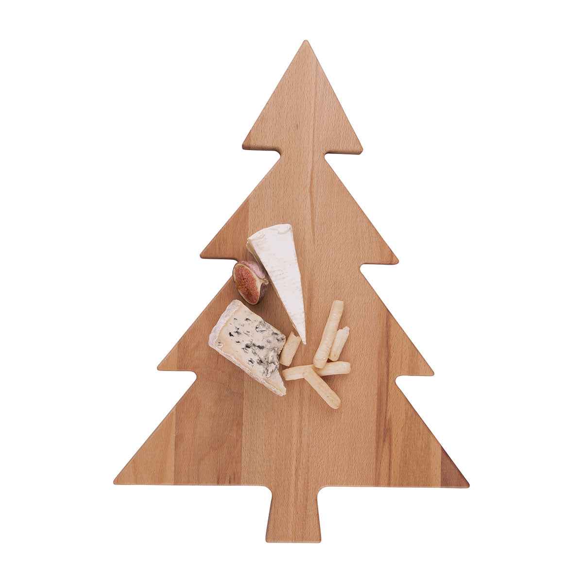 Beukenhouten serveerplank van 45 cm in de vorm van een kerstboom. De plank is van bovenaf gefotografeerd tegen een witte achtergrond en op de plank liggen wat borrelhapjes.