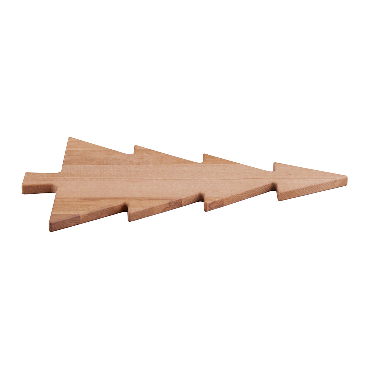 Beukenhouten serveerplank van 45 cm in de vorm van een kerstboom. De plank is van de zijkant gefotografeerd tegen een witte achtergrond.