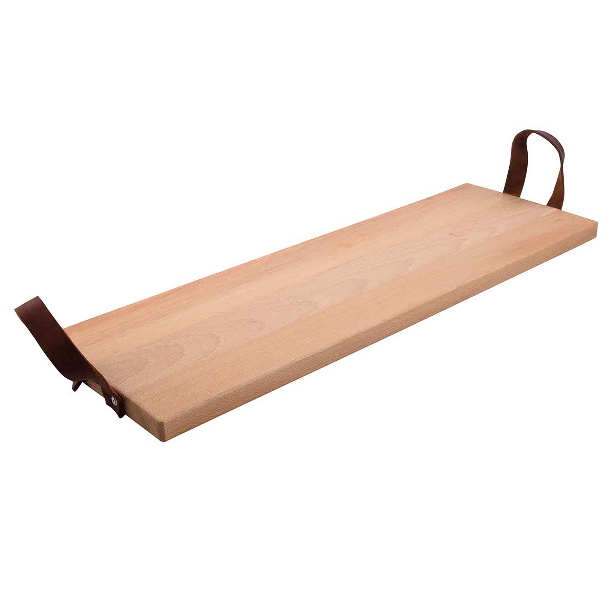 Houten, rechthoekige serveerplank met twee leren handgrepen, tegen een witte achtergrond. De plank is schuin van voren gefotografeerd.