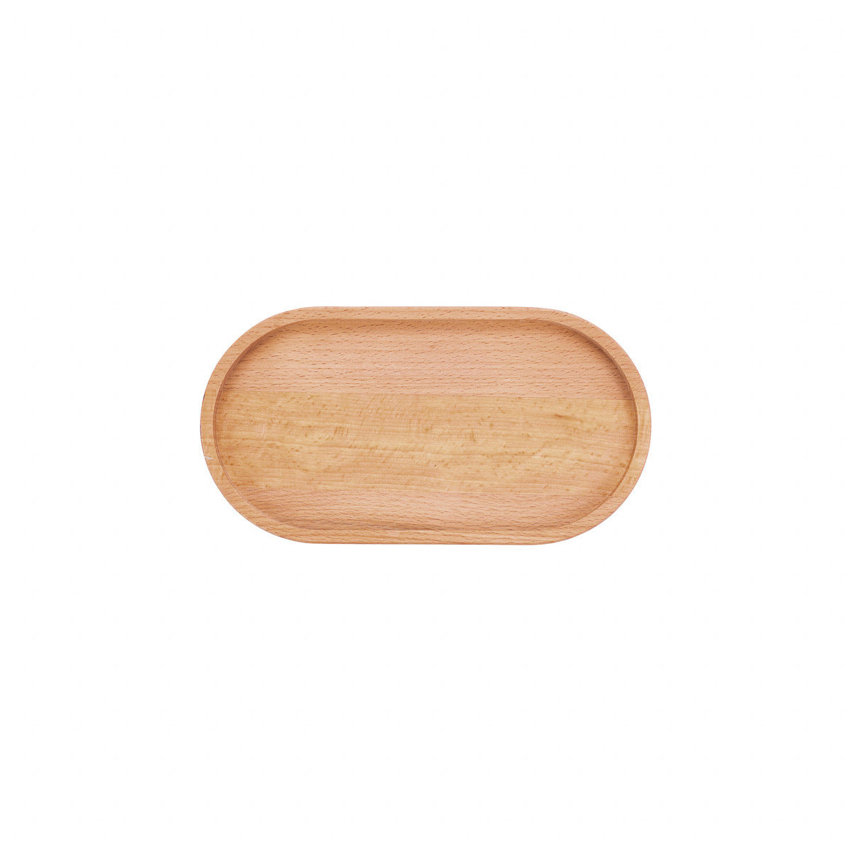 Ovalen, beukenhouten serveertray, in de maat small, tegen een witte achtergrond. De afmetingen van de serveertray zijn 22,5 cm  bij 12 cm. De tray is van bovenaf gefotografeerd.