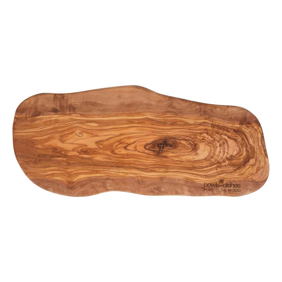 Een voorbeeld van de olijfhouten borrelplank, van bovenaf gezien. De plank heeft een warme gloed en een mooie natuurlijke tekening.