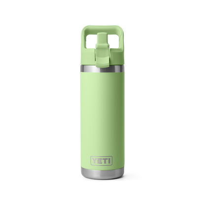 Voorkant Yeti Rambler drinkfles met bijpassende rietjesdop van 769 mlin de kleur key lime met open rietjesdop.