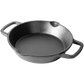 Bovenkant van de zwarte, gietijzeren pan met 2 handvaten en 2 schenktuiten. De pan heeft een diameter van 16 cm en is schuin van boven gefotografeerd.