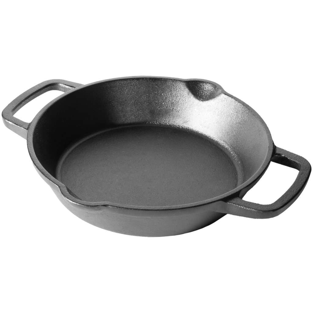 Bovenkant van de zwarte, gietijzeren pan met 2 handvaten en 2 schenktuiten. De pan heeft een diameter van 16 cm en is schuin van boven gefotografeerd.