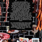 De achterkant van The Butcher, het ultieme kookboek voor de vleesliefhebber. Een sfeerafbeelding is te zien van gedroogde worsten, die links en rechts naar beneden hangen. Onderaan staan diverse schalen met gedroogde worsten. In het midden staat een samenvatting van de inhoud van het kookboek.