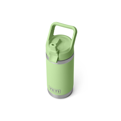 Bovenaanzicht van de Yeti rambler junior kids drinkfles met  bijpassende rietjesdop van 355 ml in de kleur Key Lime met open rietjesdop.