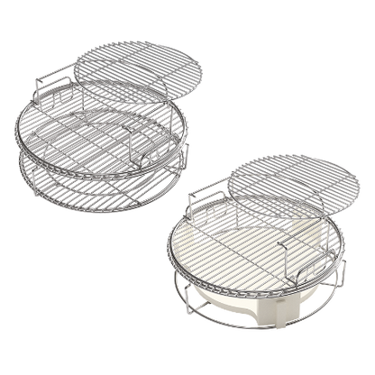 Dezelfde 5-delige Eggspander Kit twee maal afgebeeld. Links de Eggspander Kit met alle toebehoren en rechts de Kit met in de Conveggtor Basket de Conveggtor geplaatst, voor een totaalbeeld. 