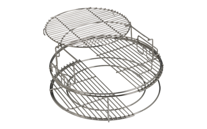 De Big Green Egg 5-delige Eggspander Kit voor de Big Green Egg Large, gemaakt van RVS. De set bestaat uit een tweedelig Multi-Level Rack, een Conveggtor Basket en 2 halve RVS roosters.
